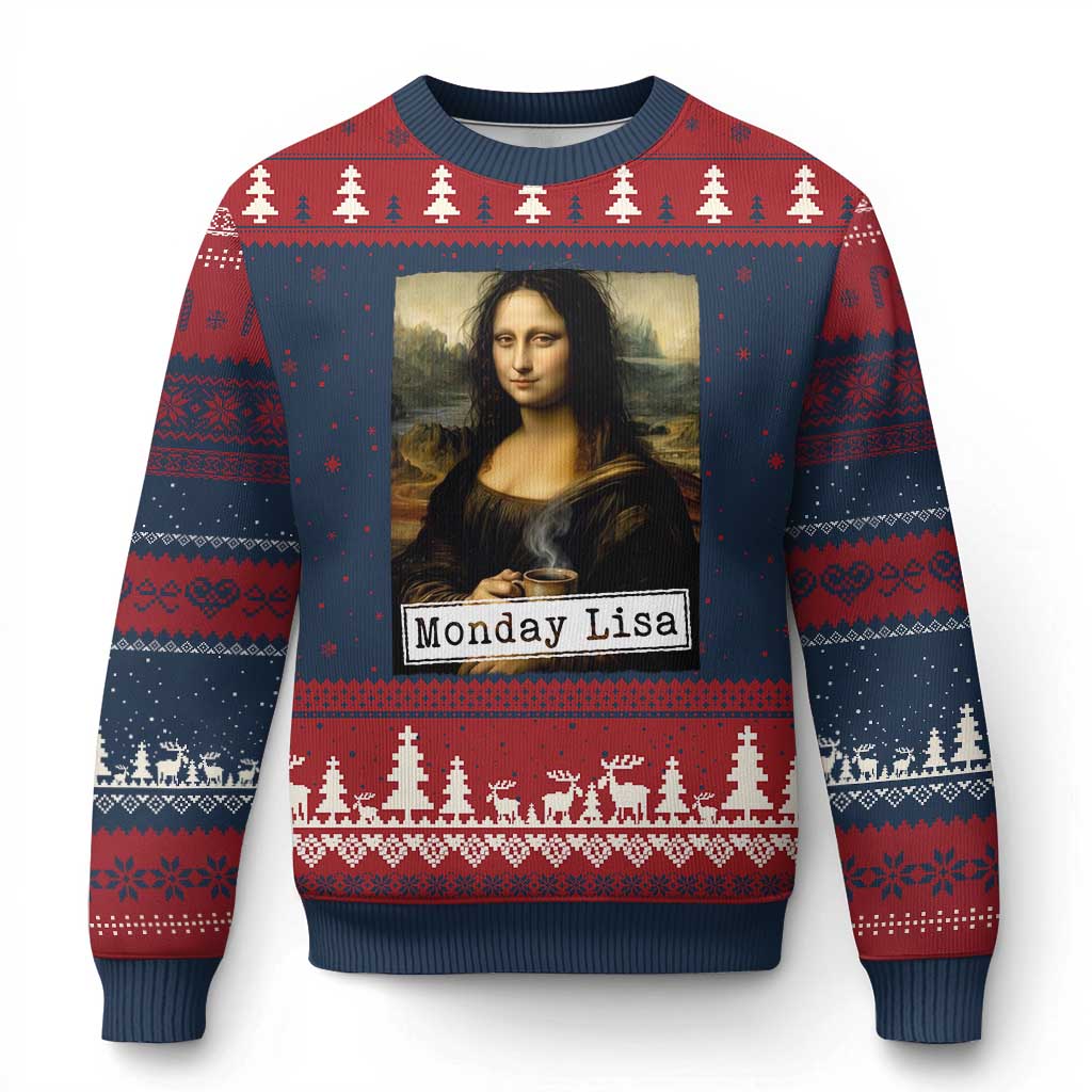 Monday Lisa Coffee Lover Ugly Christmas Sweater Funny Mona Lisa Art Parody Graphic Tired Work
