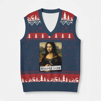 Monday Lisa Coffee Lover V-Neck Knit Sweater Vest Funny Mona Lisa Art Parody Graphic Tired Work