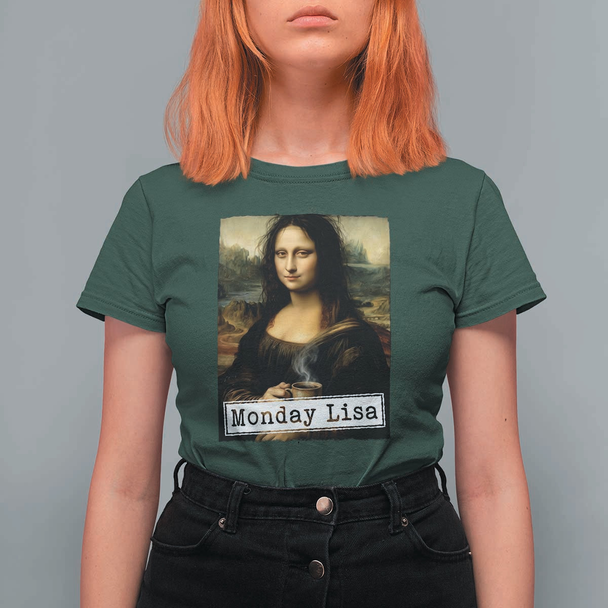 Monday Lisa Coffee Lover T Shirt For Women Funny Mona Lisa Art Parody Graphic Tired Work