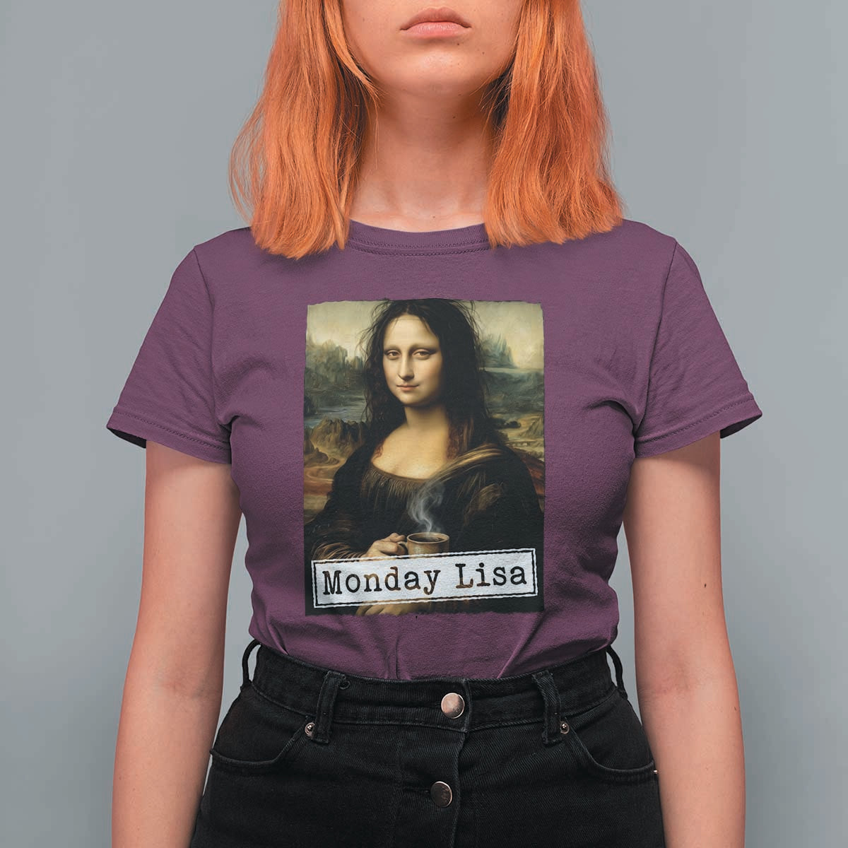 Monday Lisa Coffee Lover T Shirt For Women Funny Mona Lisa Art Parody Graphic Tired Work