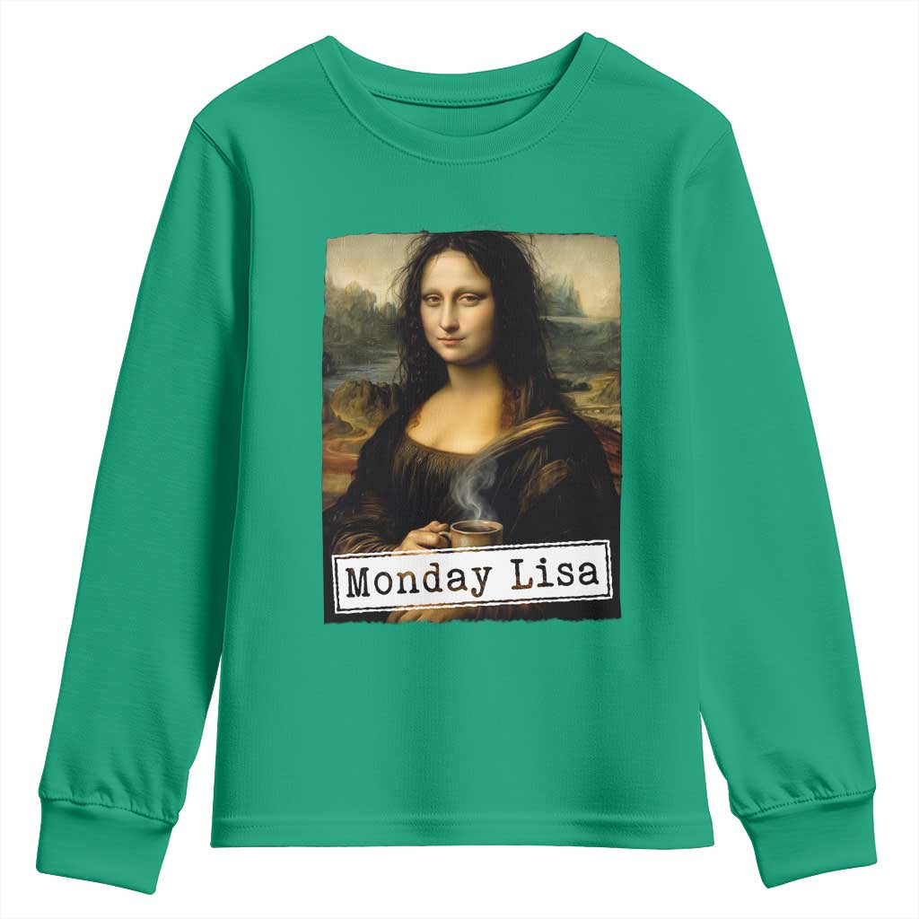 Monday Lisa Coffee Lover Youth Sweatshirt Funny Mona Lisa Art Parody Graphic Tired Work