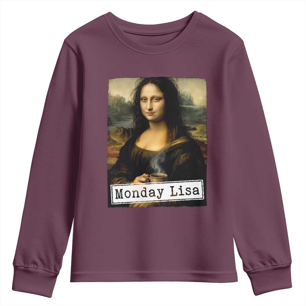 Monday Lisa Coffee Lover Youth Sweatshirt Funny Mona Lisa Art Parody Graphic Tired Work