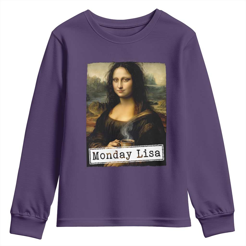 Monday Lisa Coffee Lover Youth Sweatshirt Funny Mona Lisa Art Parody Graphic Tired Work