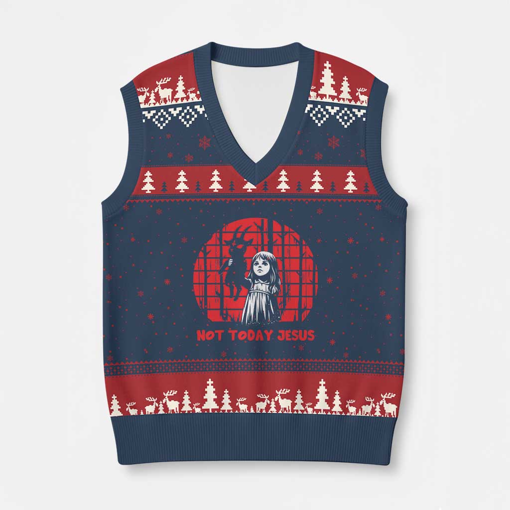 Not Today Jesus V-Neck Knit Sweater Vest Gothic Dark Art Pastel Goth Creepy Graphic