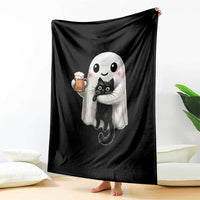 Funny Halloween Throw Blanket Cute Ghost Holding Black Cat Drinking Beer