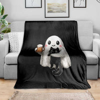 Funny Halloween Throw Blanket Cute Ghost Holding Black Cat Drinking Beer