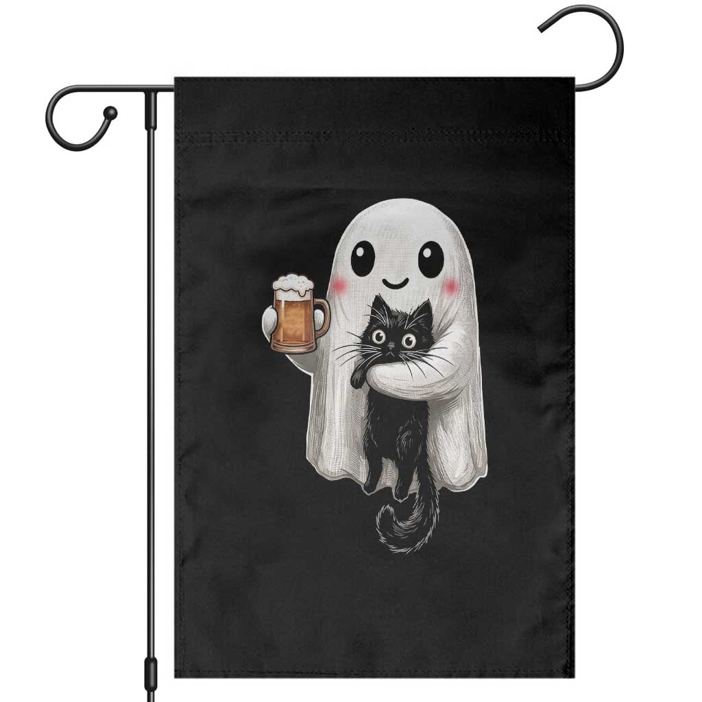 Funny Halloween Garden Flag Cute Ghost Holding Black Cat Drinking Beer