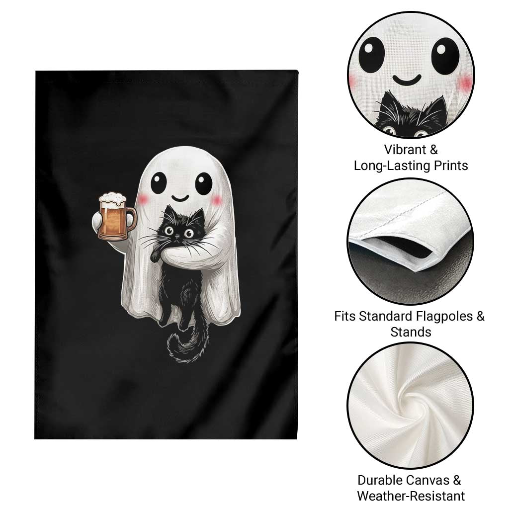 Funny Halloween Garden Flag Cute Ghost Holding Black Cat Drinking Beer