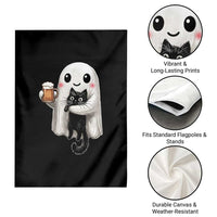 Funny Halloween Garden Flag Cute Ghost Holding Black Cat Drinking Beer