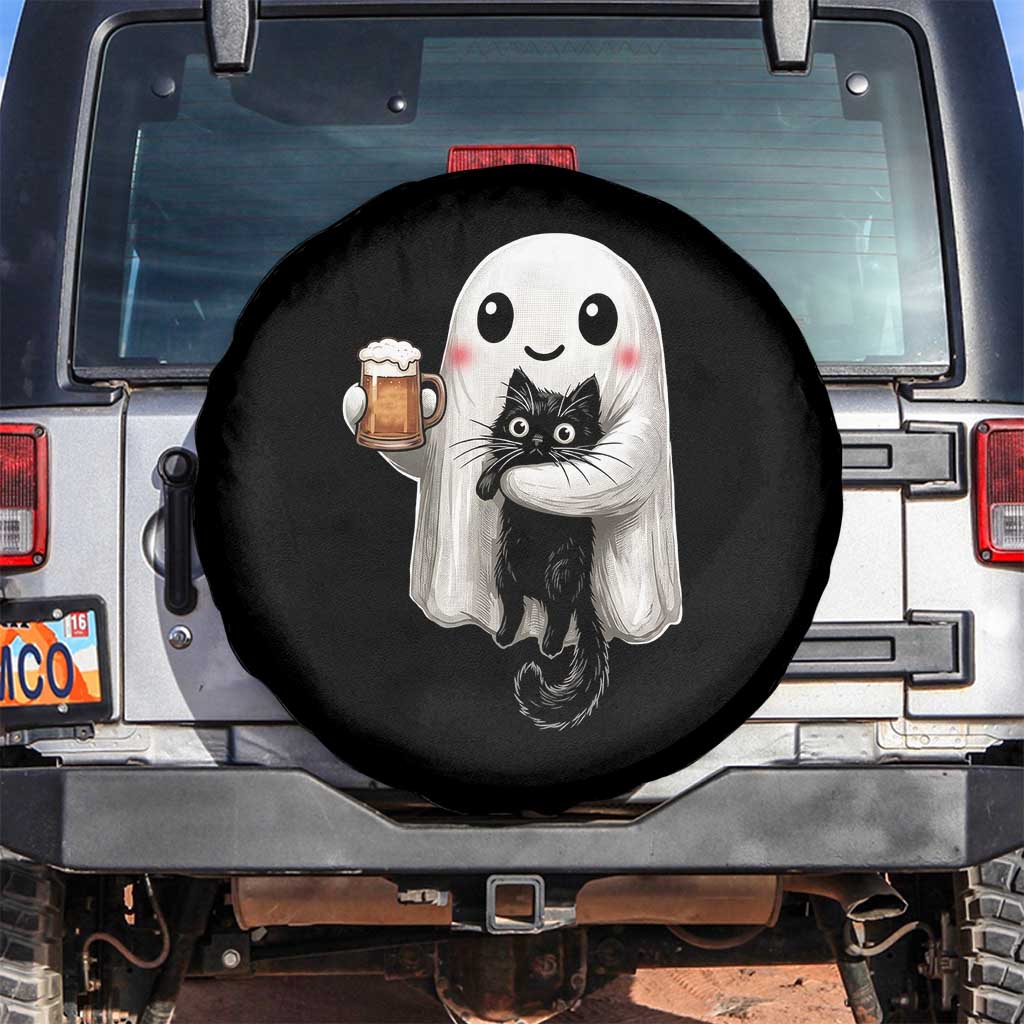 Funny Halloween Spare Tire Cover Cute Ghost Holding Black Cat Drinking Beer