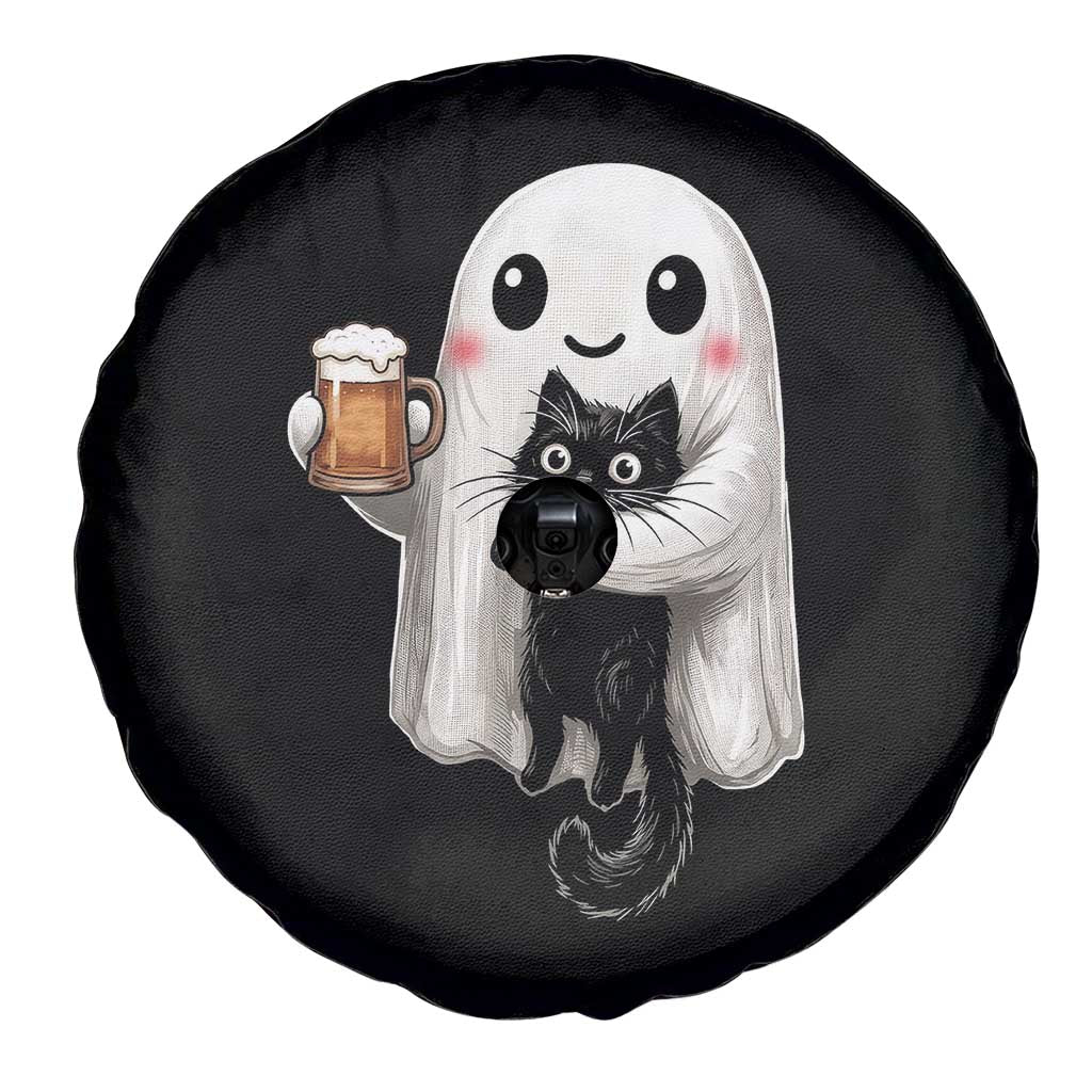 Funny Halloween Spare Tire Cover Cute Ghost Holding Black Cat Drinking Beer