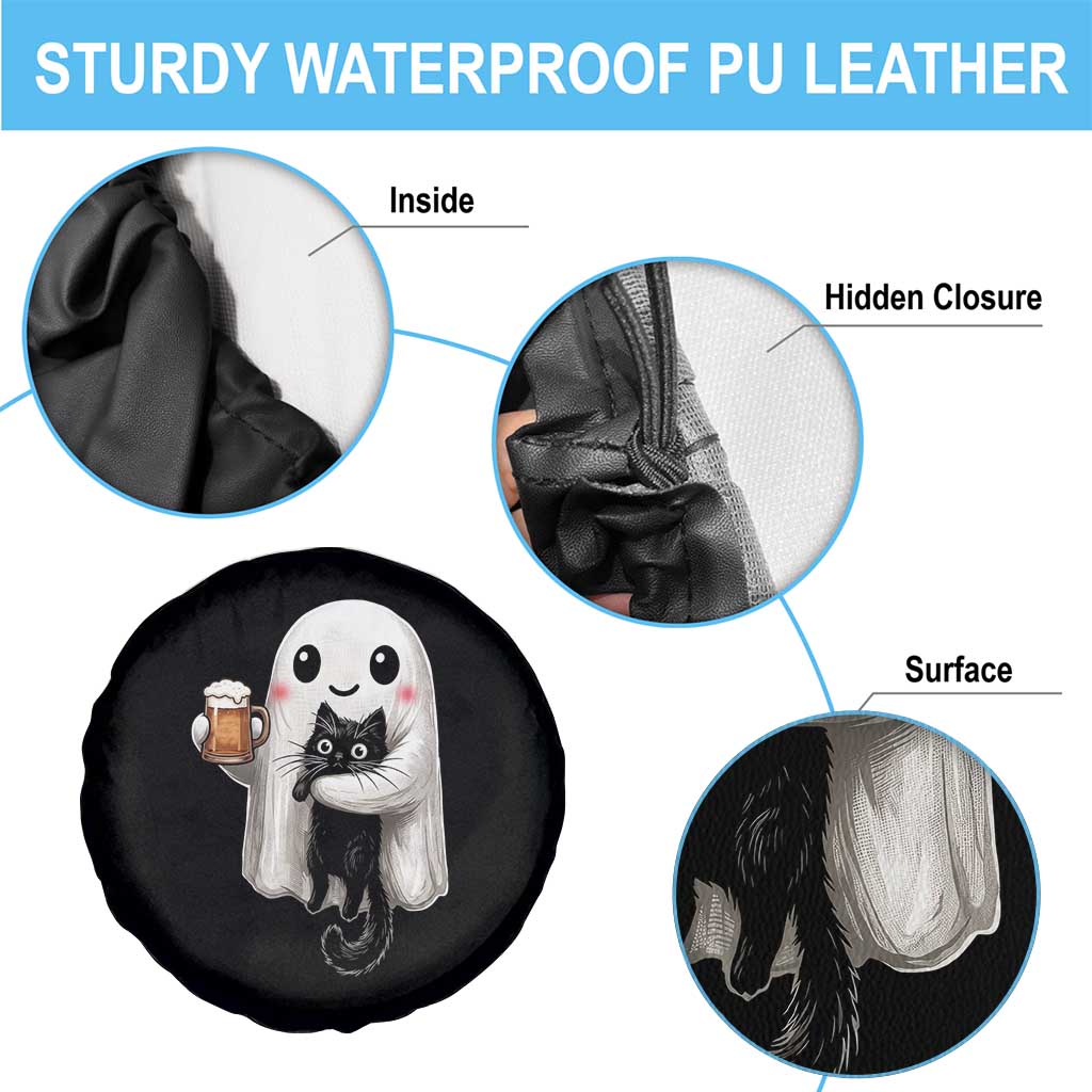 Funny Halloween Spare Tire Cover Cute Ghost Holding Black Cat Drinking Beer