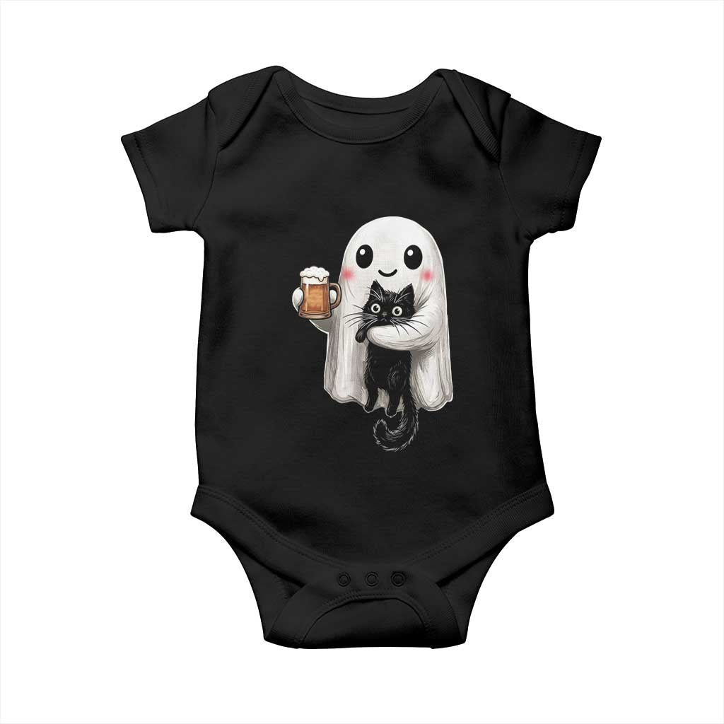 Funny Halloween Baby Onesie Cute Ghost Holding Black Cat Drinking Beer