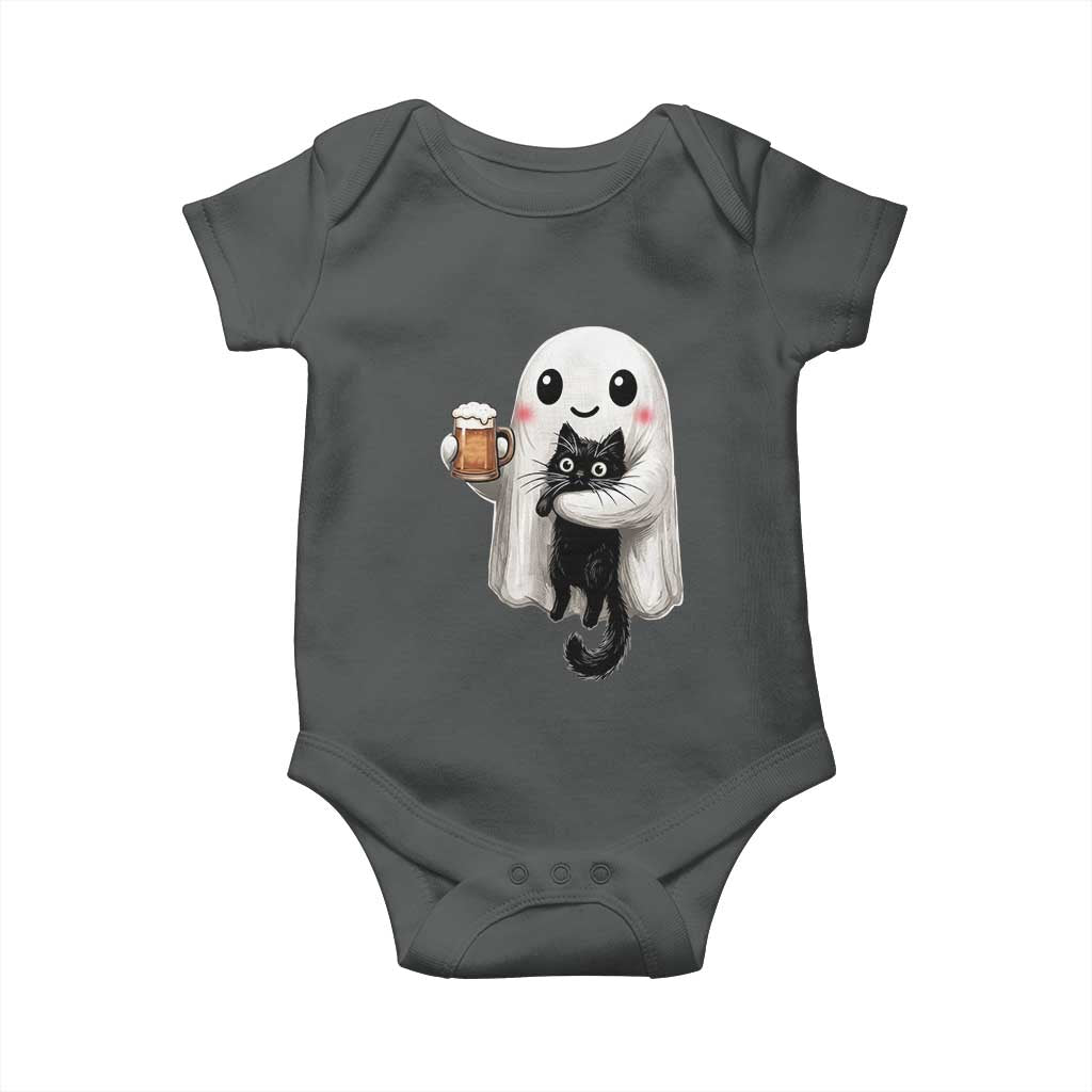 Funny Halloween Baby Onesie Cute Ghost Holding Black Cat Drinking Beer