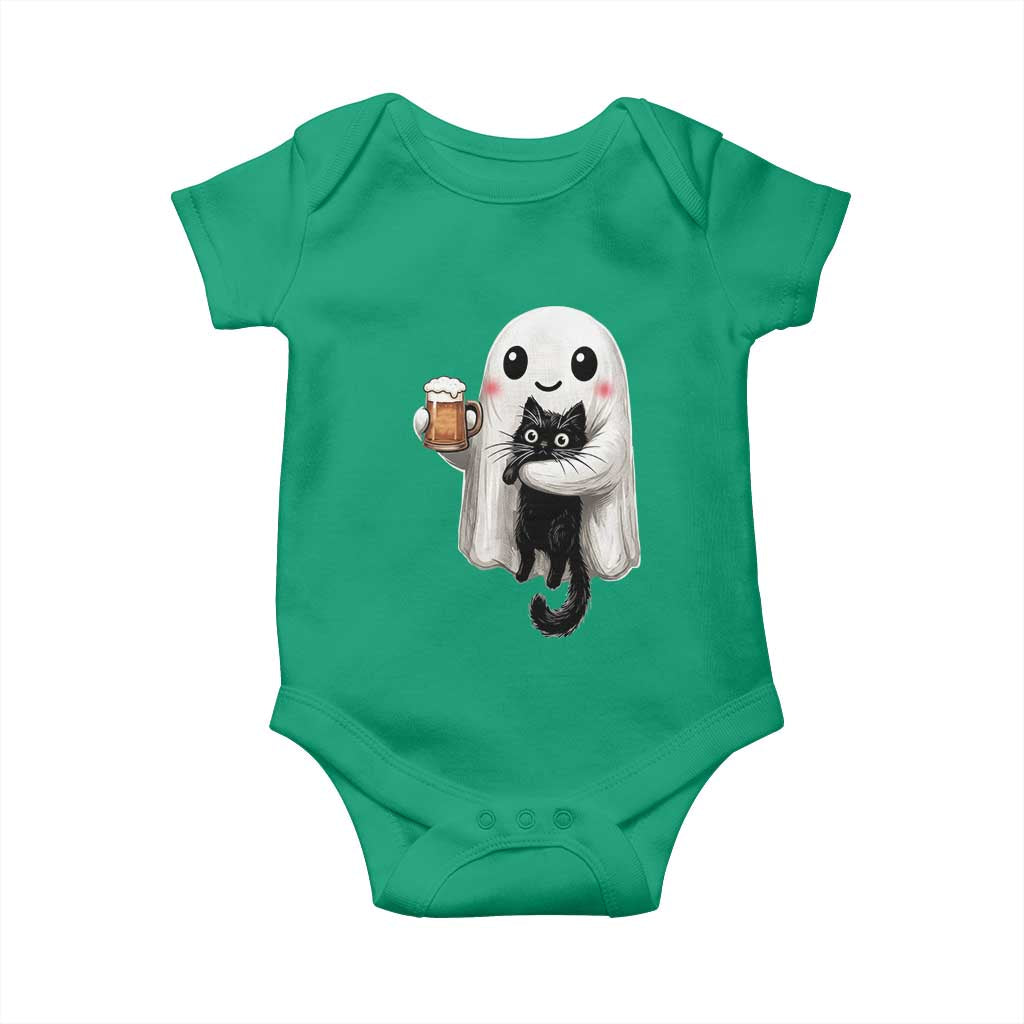 Funny Halloween Baby Onesie Cute Ghost Holding Black Cat Drinking Beer