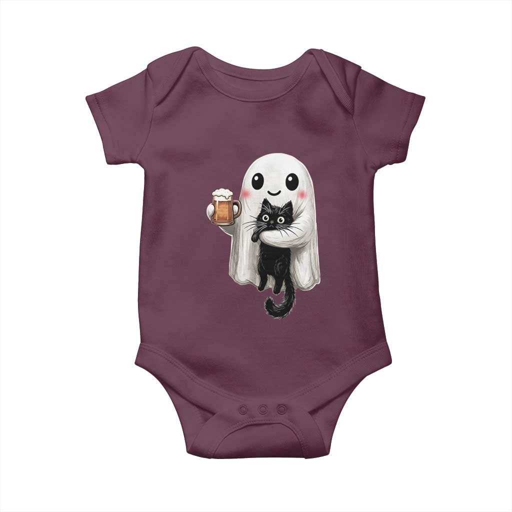 Funny Halloween Baby Onesie Cute Ghost Holding Black Cat Drinking Beer