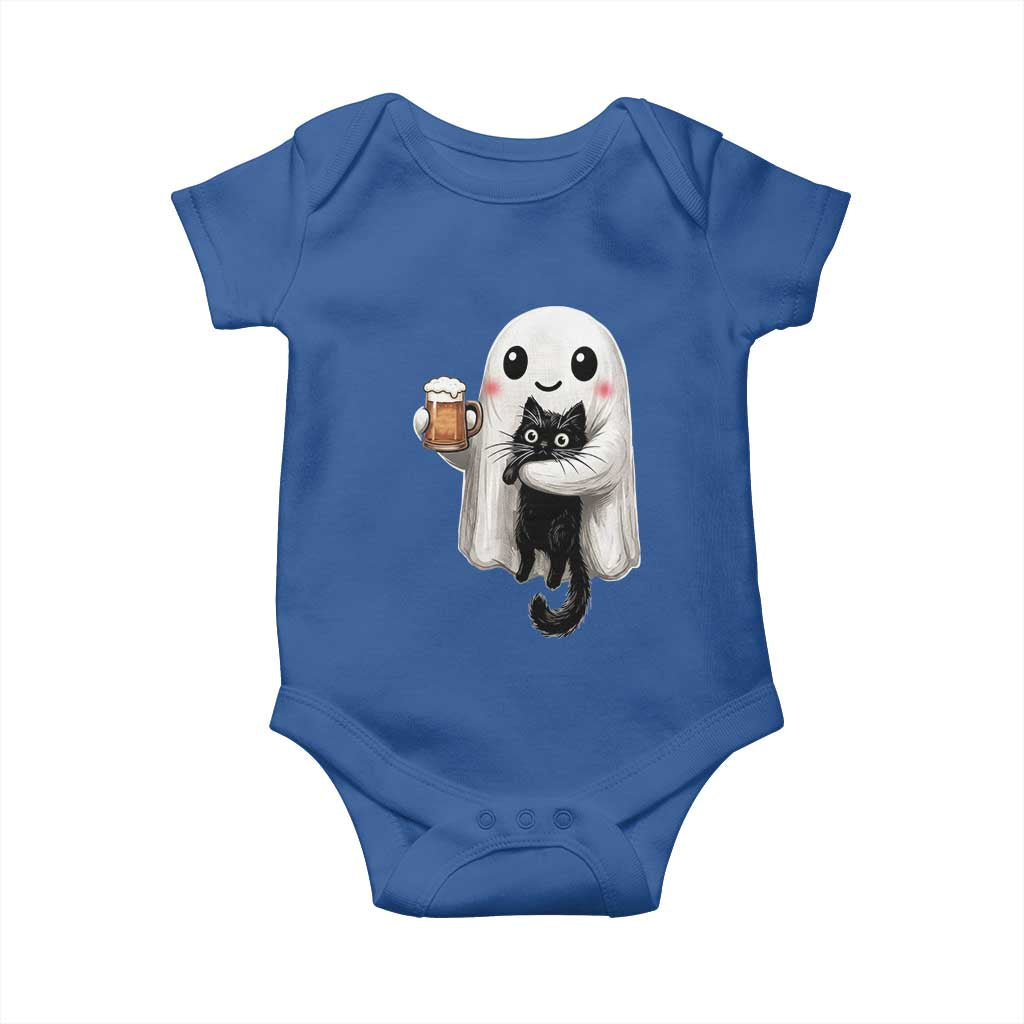 Funny Halloween Baby Onesie Cute Ghost Holding Black Cat Drinking Beer
