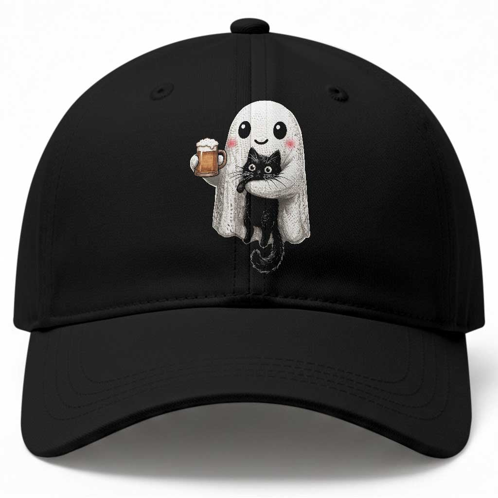 Funny Halloween Baseball Cap Cute Ghost Holding Black Cat Drinking Beer