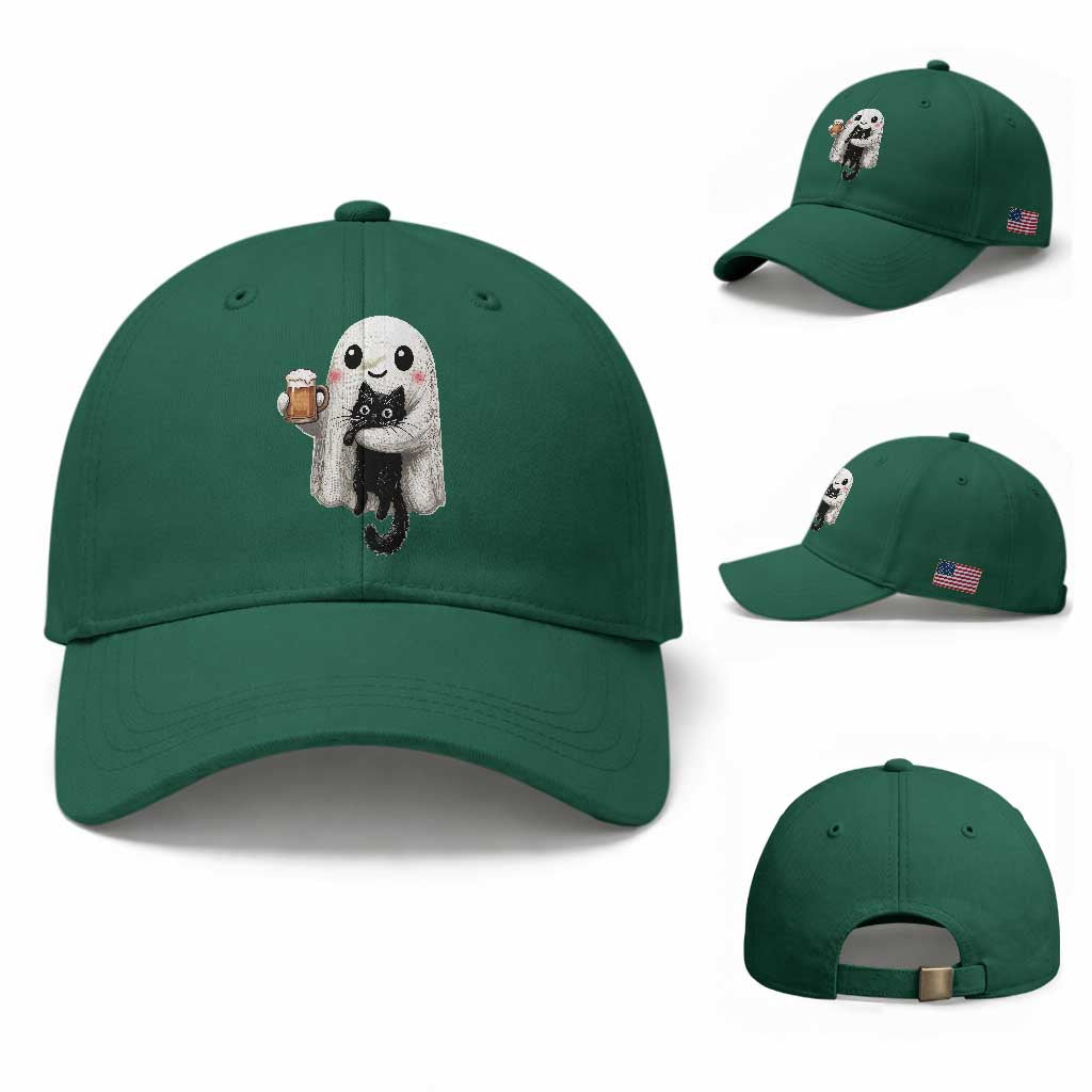 Funny Halloween Baseball Cap Cute Ghost Holding Black Cat Drinking Beer