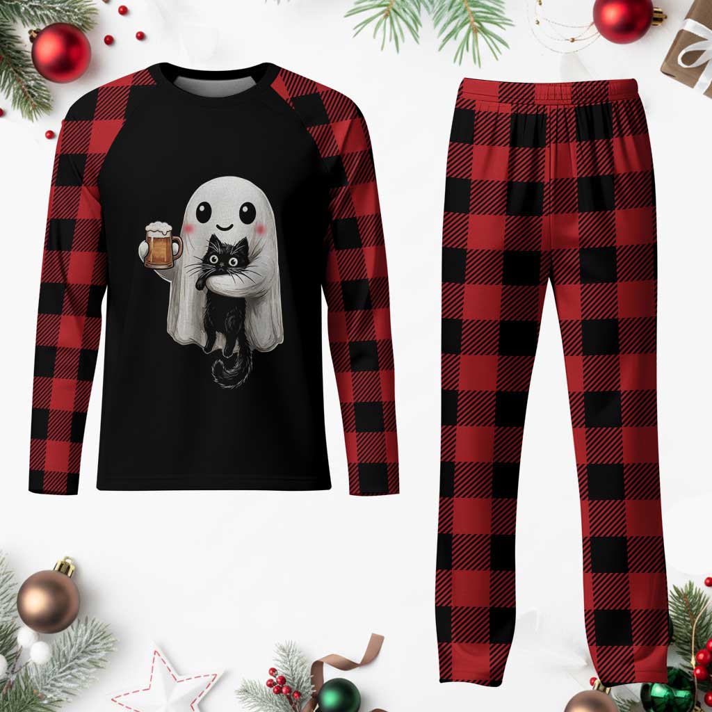 Funny Halloween Plaid Pajama Set Cute Ghost Holding Black Cat Drinking Beer