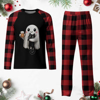 Funny Halloween Plaid Pajama Set Cute Ghost Holding Black Cat Drinking Beer