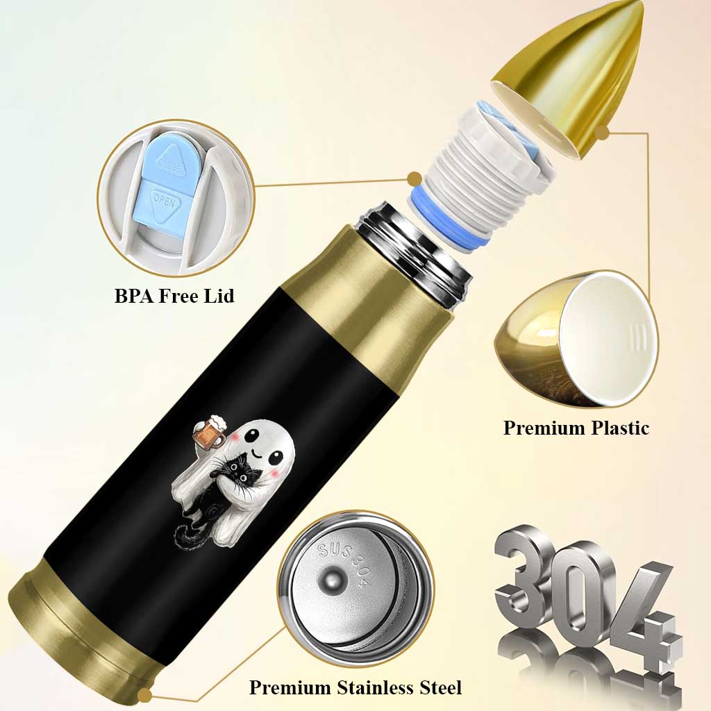 Funny Halloween Bullet Tumbler Cute Ghost Holding Black Cat Drinking Beer