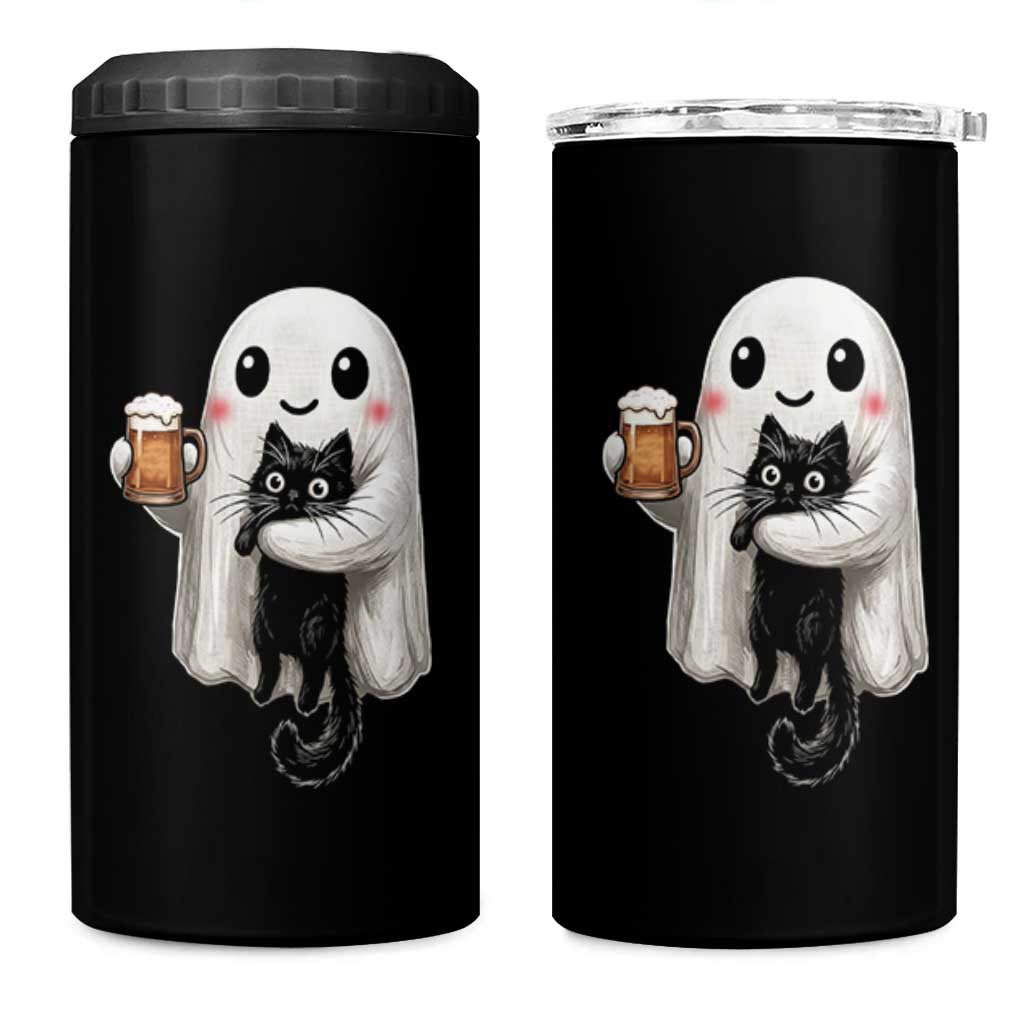 Funny Halloween 4 in 1 Can Cooler Tumbler Cute Ghost Holding Black Cat Drinking Beer