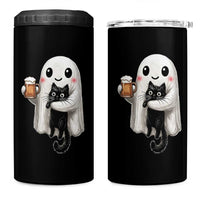 Funny Halloween 4 in 1 Can Cooler Tumbler Cute Ghost Holding Black Cat Drinking Beer