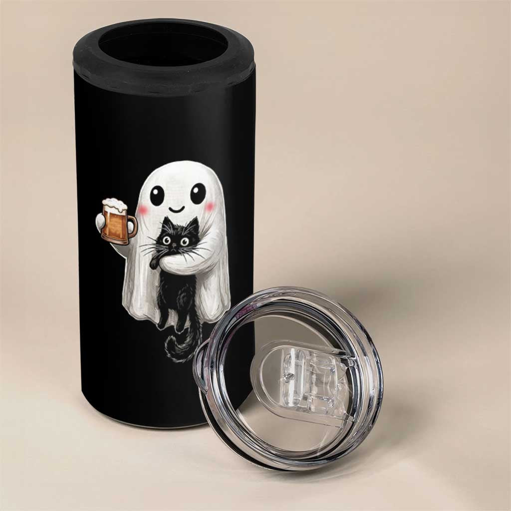 Funny Halloween 4 in 1 Can Cooler Tumbler Cute Ghost Holding Black Cat Drinking Beer