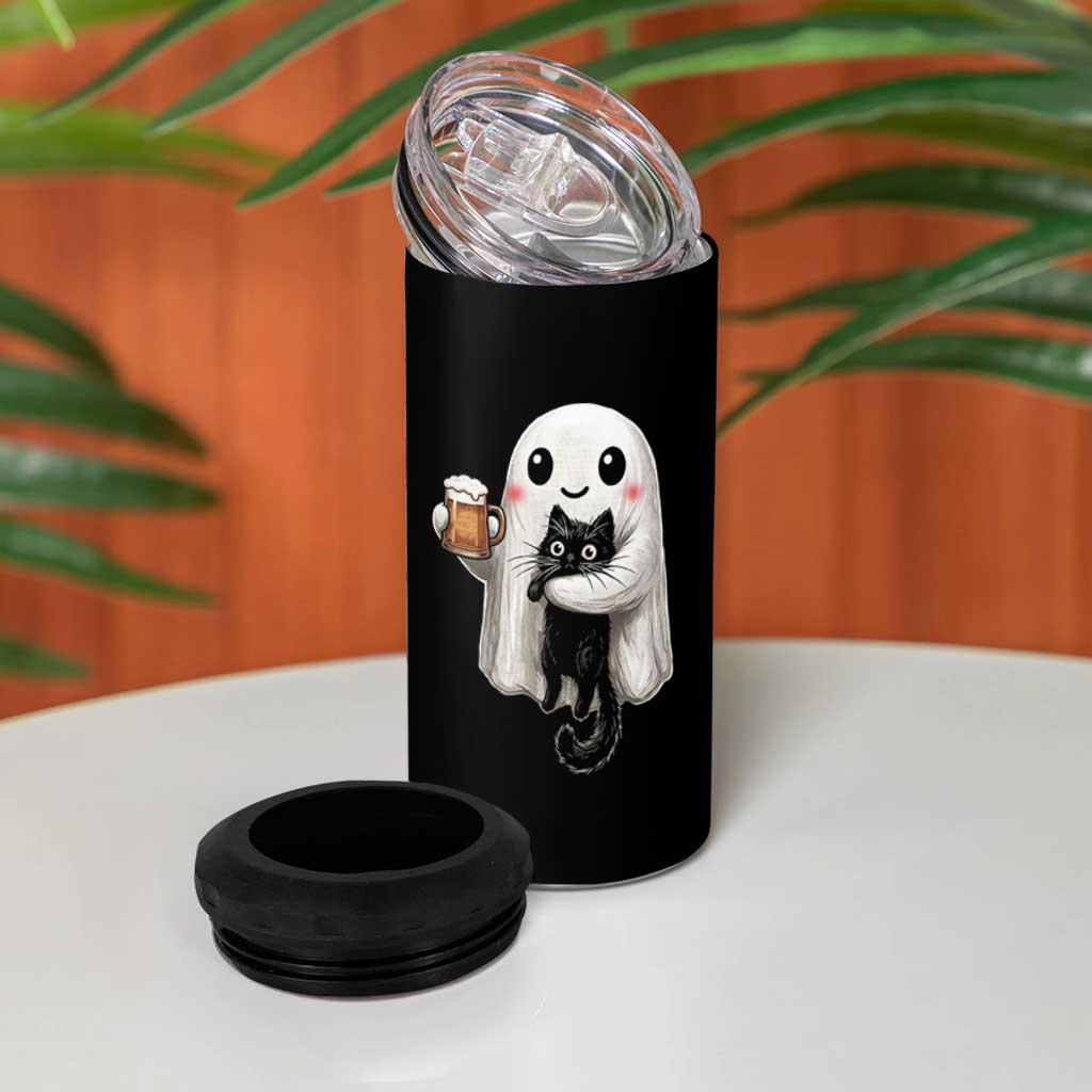 Funny Halloween 4 in 1 Can Cooler Tumbler Cute Ghost Holding Black Cat Drinking Beer