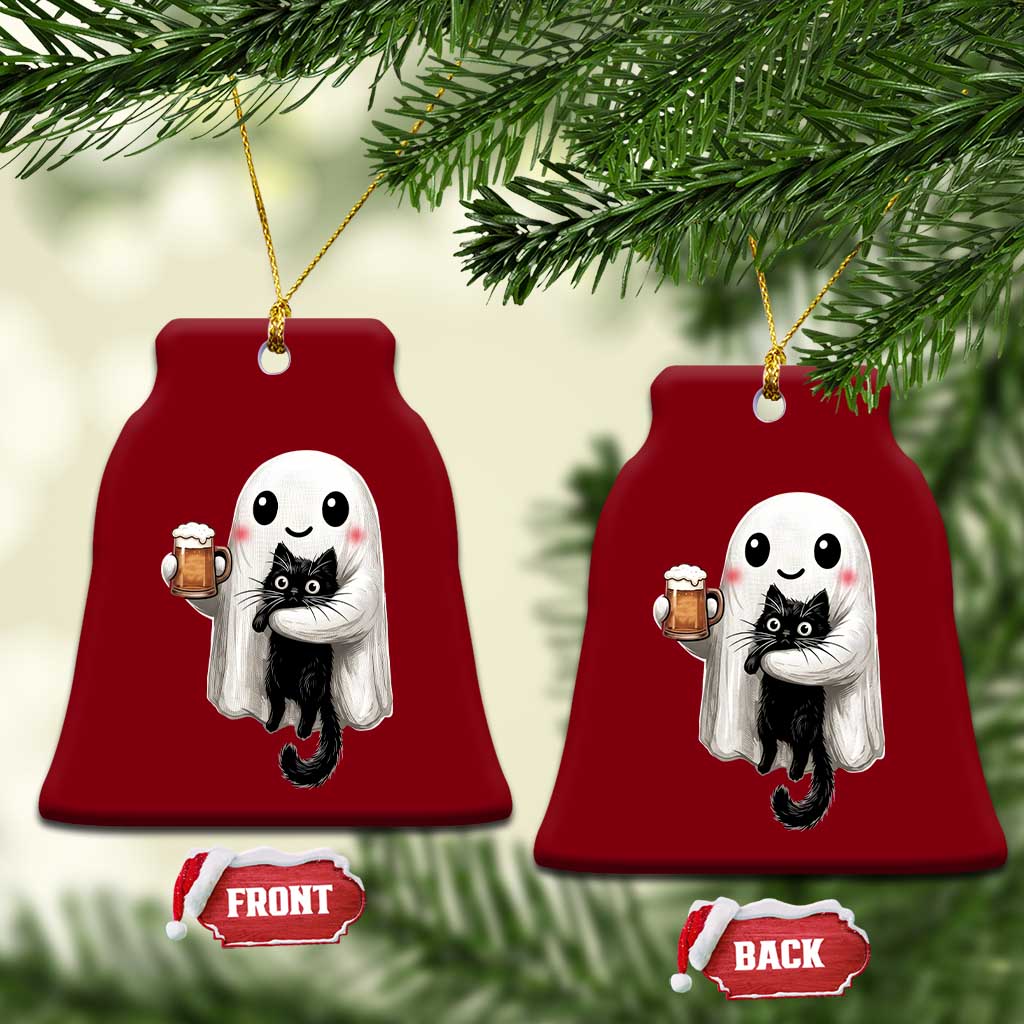 Funny Halloween Ceramic Ornament Cute Ghost Holding Black Cat Drinking Beer