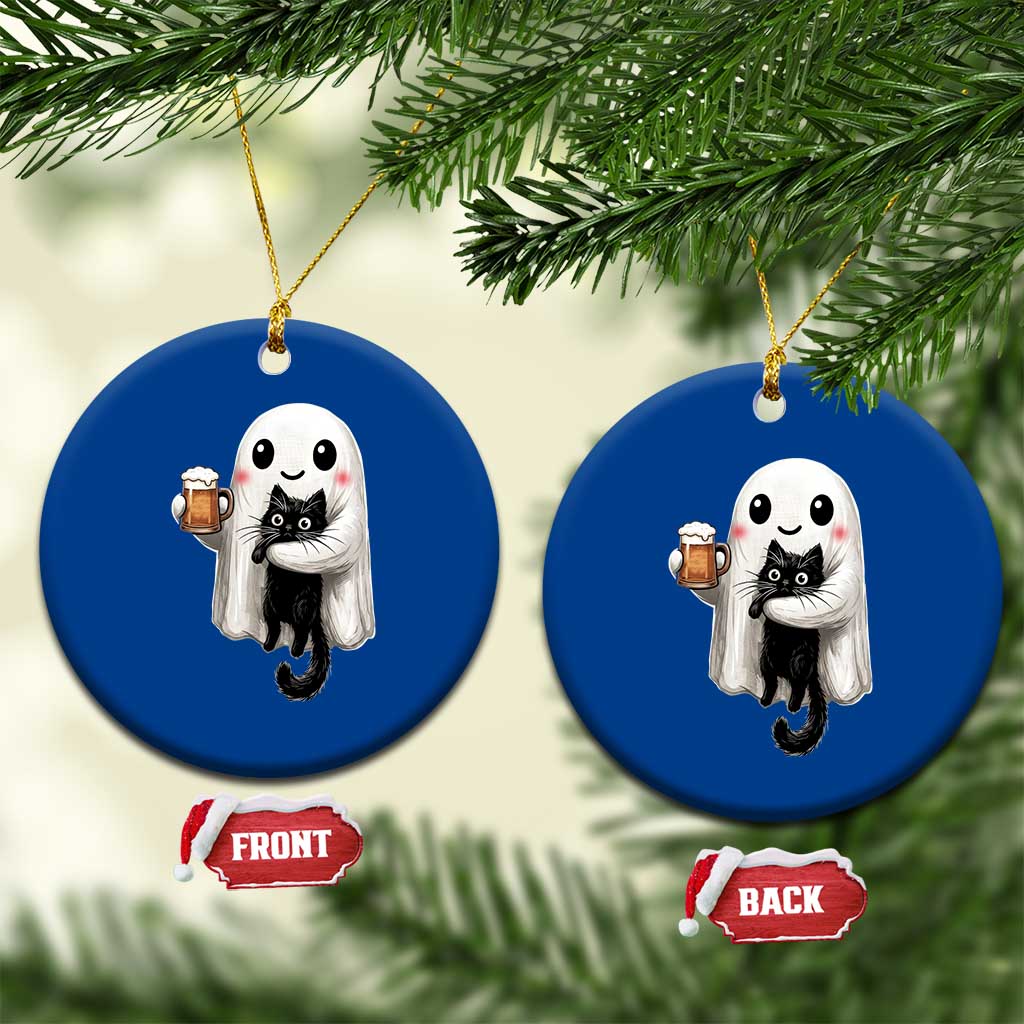 Funny Halloween Ceramic Ornament Cute Ghost Holding Black Cat Drinking Beer