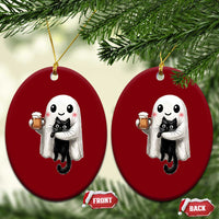 Funny Halloween Ceramic Ornament Cute Ghost Holding Black Cat Drinking Beer