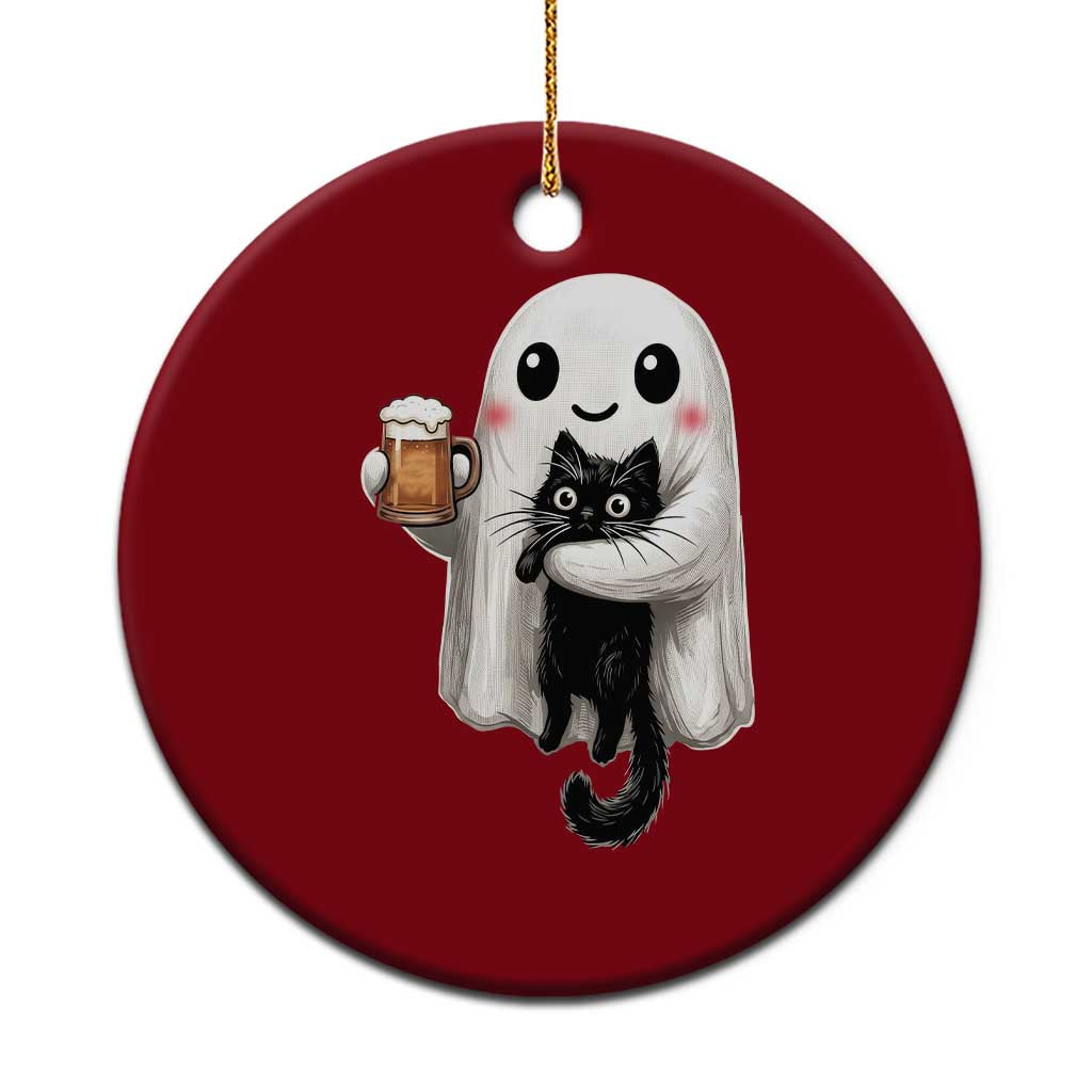 Funny Halloween Ceramic Ornament Cute Ghost Holding Black Cat Drinking Beer