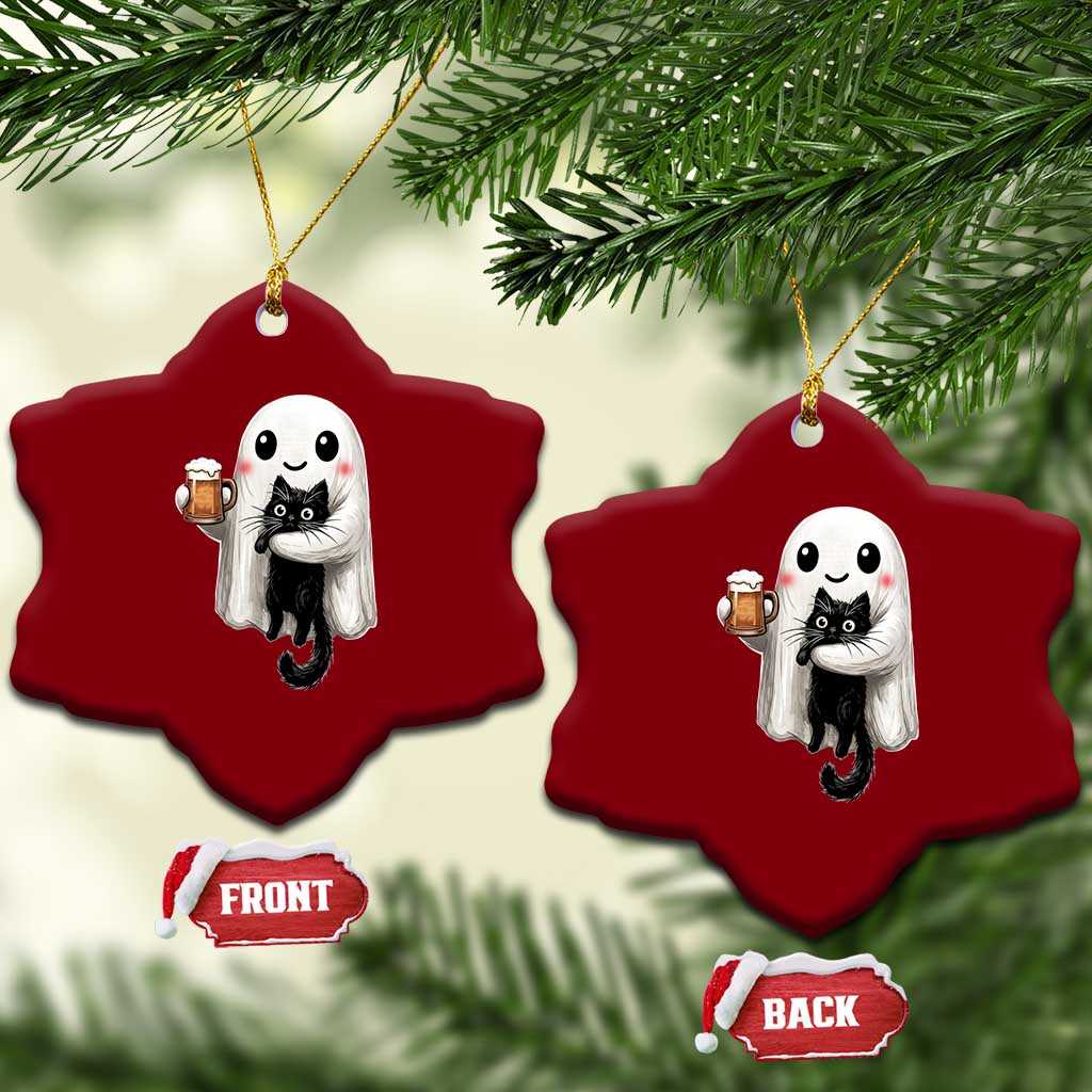 Funny Halloween Ceramic Ornament Cute Ghost Holding Black Cat Drinking Beer