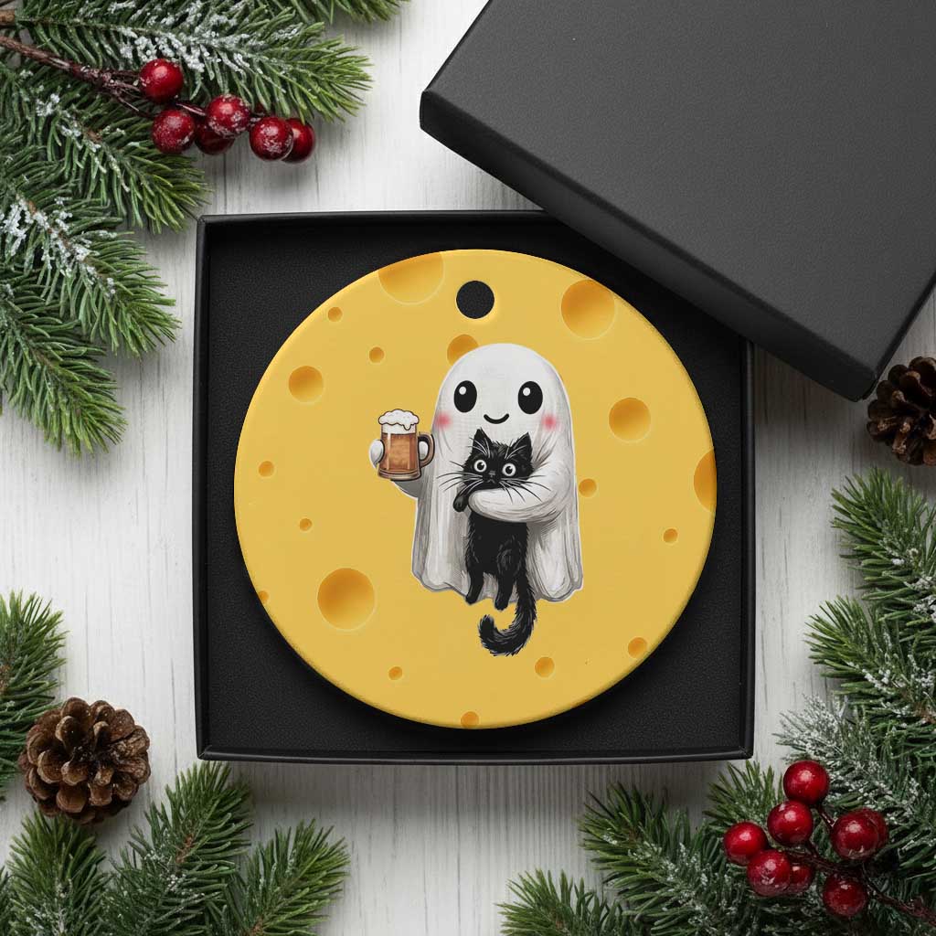 Funny Halloween Ceramic Ornament Cute Ghost Holding Black Cat Drinking Beer