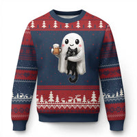 Funny Halloween Ugly Christmas Sweater Cute Ghost Holding Black Cat Drinking Beer