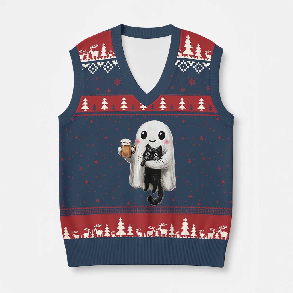 Funny Halloween V-Neck Knit Sweater Vest Cute Ghost Holding Black Cat Drinking Beer