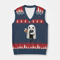 Funny Halloween V-Neck Knit Sweater Vest Cute Ghost Holding Black Cat Drinking Beer