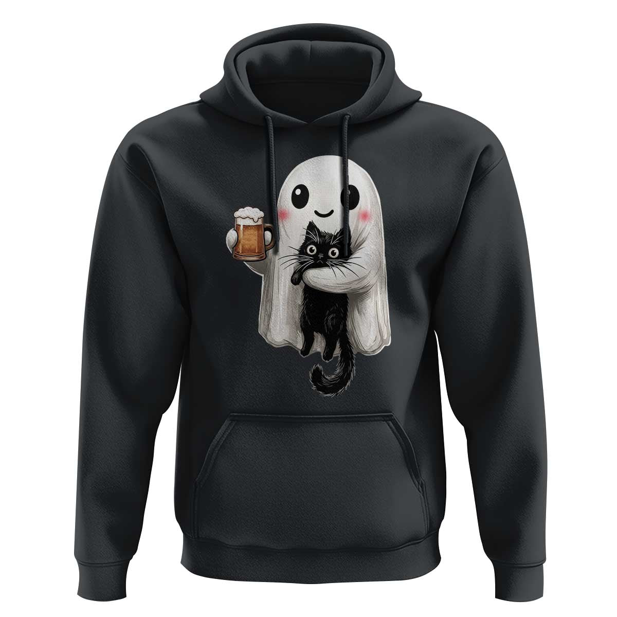 Funny Halloween Hoodie Cute Ghost Holding Black Cat Drinking Beer