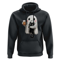 Funny Halloween Hoodie Cute Ghost Holding Black Cat Drinking Beer