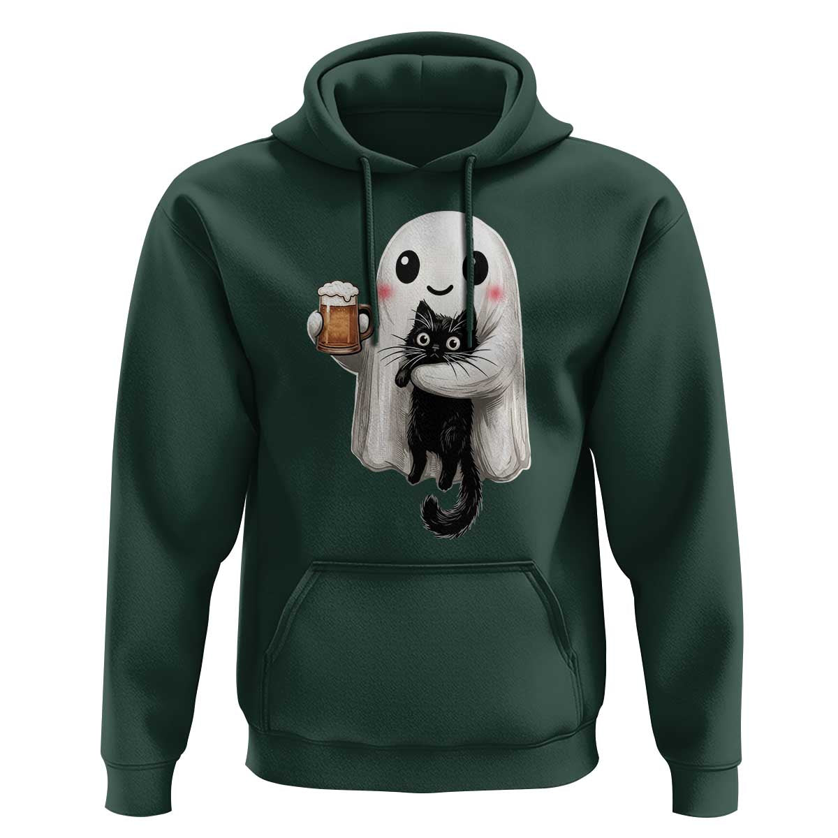 Funny Halloween Hoodie Cute Ghost Holding Black Cat Drinking Beer