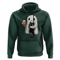 Funny Halloween Hoodie Cute Ghost Holding Black Cat Drinking Beer
