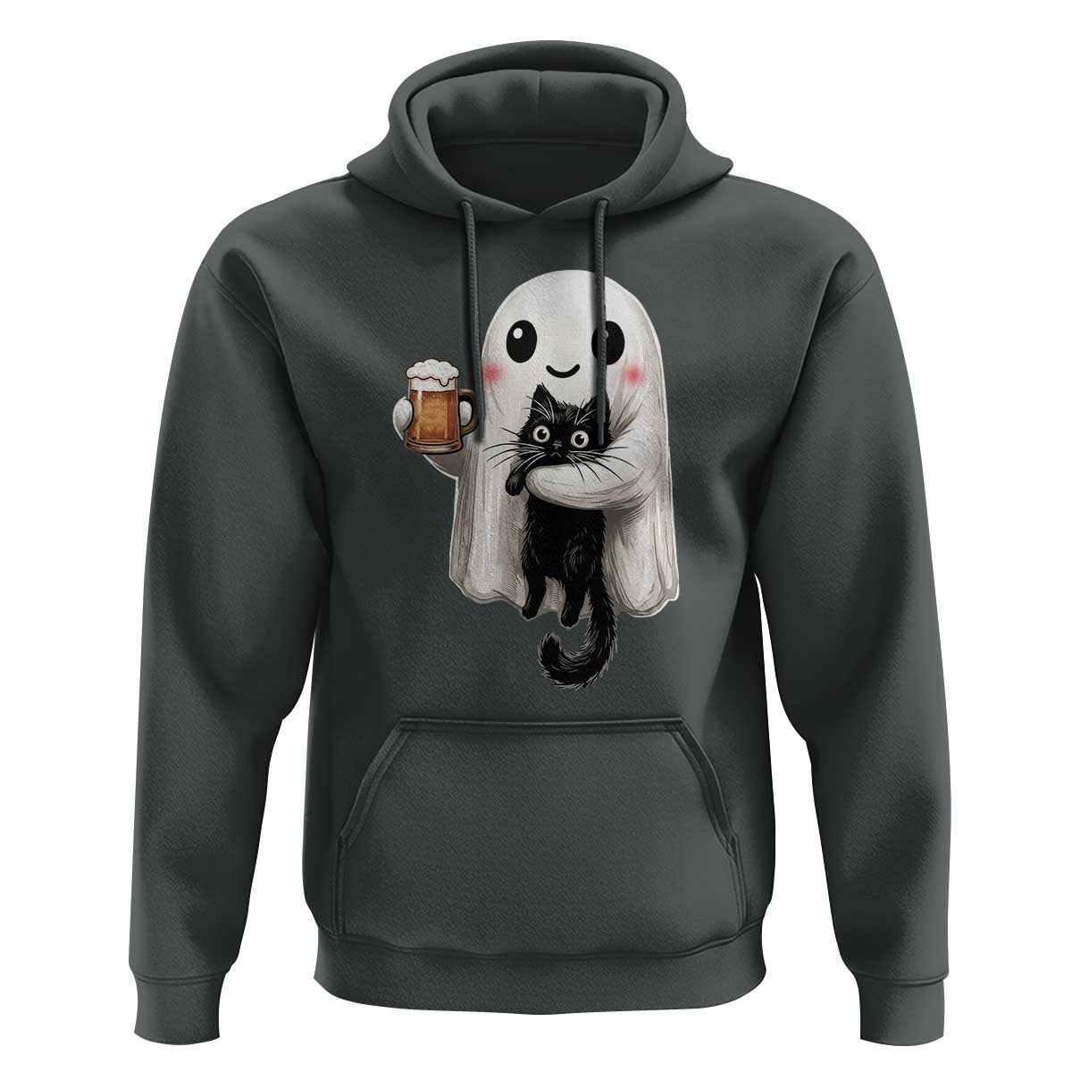 Funny Halloween Hoodie Cute Ghost Holding Black Cat Drinking Beer
