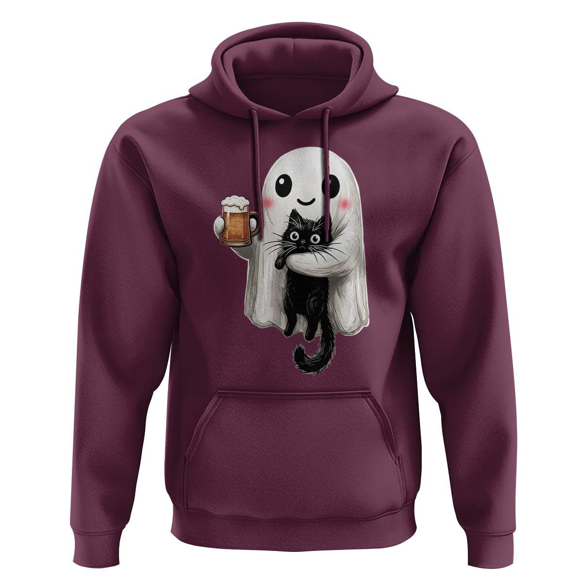 Funny Halloween Hoodie Cute Ghost Holding Black Cat Drinking Beer