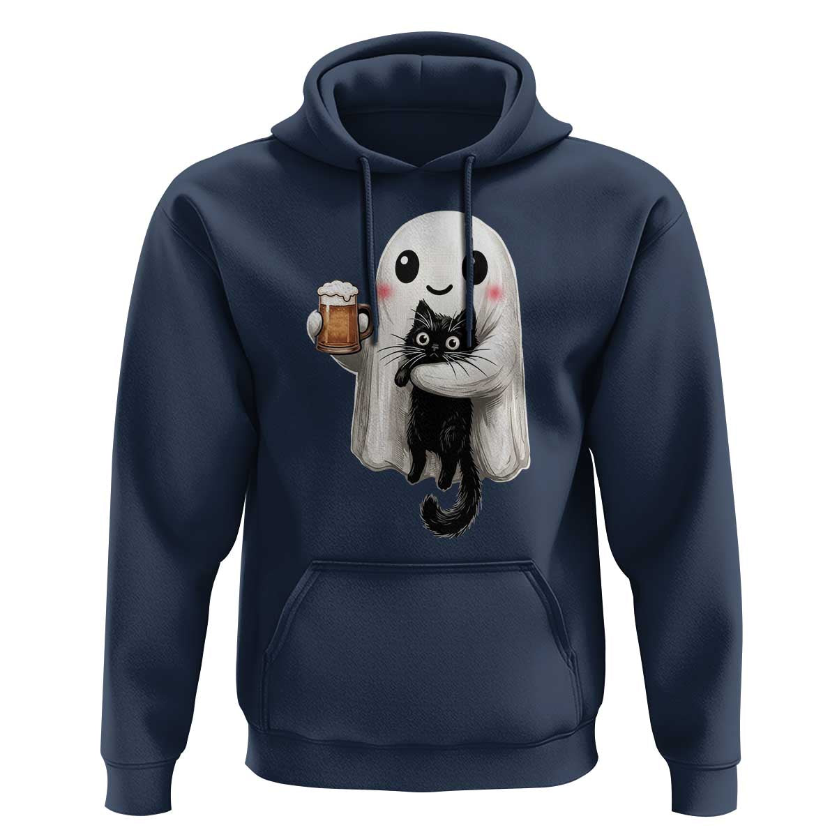 Funny Halloween Hoodie Cute Ghost Holding Black Cat Drinking Beer