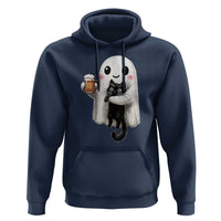 Funny Halloween Hoodie Cute Ghost Holding Black Cat Drinking Beer