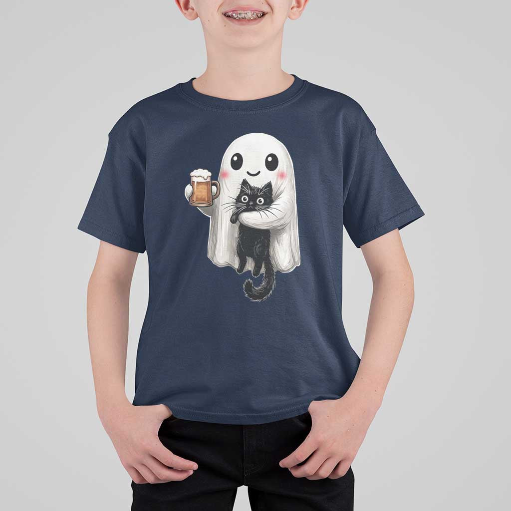 Funny Halloween T Shirt For Kid Cute Ghost Holding Black Cat Drinking Beer