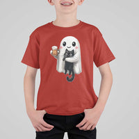 Funny Halloween T Shirt For Kid Cute Ghost Holding Black Cat Drinking Beer