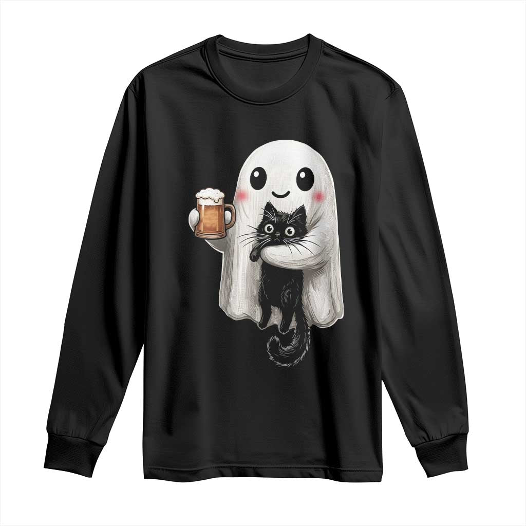 Funny Halloween Long Sleeve Shirt Cute Ghost Holding Black Cat Drinking Beer